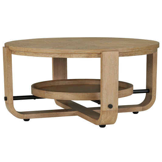 Escape - Cocktail Table Round With Shelf - Glazed Natural Oak / Black Metal Trim