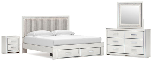 Zuraleus King Upholstered Panel Platform Storage Bed, Dresser, Mirror and Nightstand