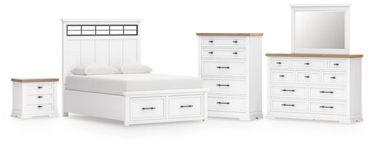 Ashbryn King Panel Storage Bed, Dresser, Mirror, Chest and Nightstand
