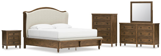 Sturlayne King Upholstered Panel Bed, Dresser, Mirror, Chest and Nightstand