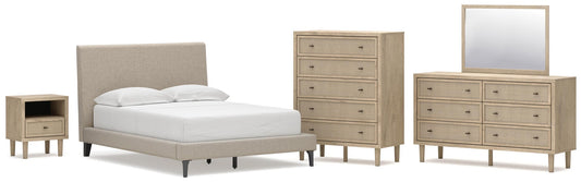 Cielden Full Upholstered Bed with Roll Slats, Dresser, Mirror, Chest and Nightstand