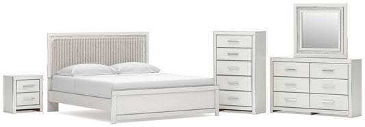 Birmonton King Upholstered Panel Platform Bed, Dresser, Mirror, Chest and Nightstand