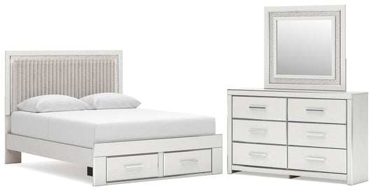 Birmonton Queen Upholstered Panel Platform Storage Bed, Dresser and Mirror