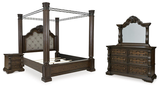 Maylee California King Canopy Bed, Dresser, Mirror and Nightstand