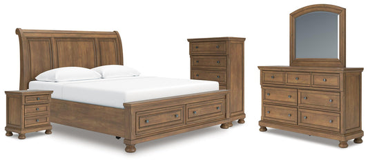 Vandenmore King Storage Sleigh Bed with Mirrored Dresser, Chest and Nightstand
