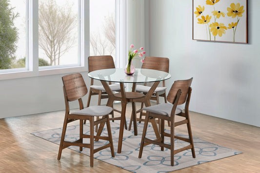 Oscar - Round Glass Counter Table With 4 Gray Cushion Chairs - Brown / Gray
