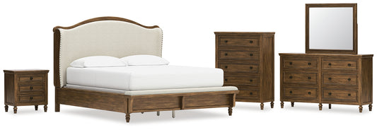 Sturlayne California King Upholstered Panel Bed, Dresser, Mirror, Chest and Nightstand
