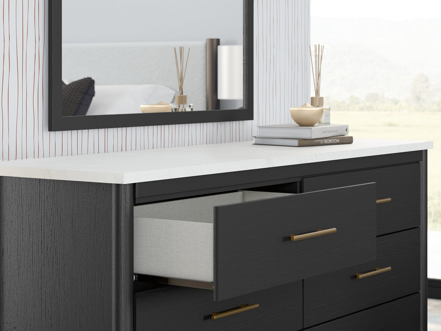 Cadmori Queen Upholstered Panel Bed, Dresser and Mirror