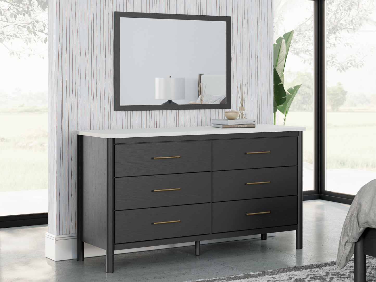 Cadmori Queen Upholstered Panel Bed, Dresser, Mirror and Nightstand