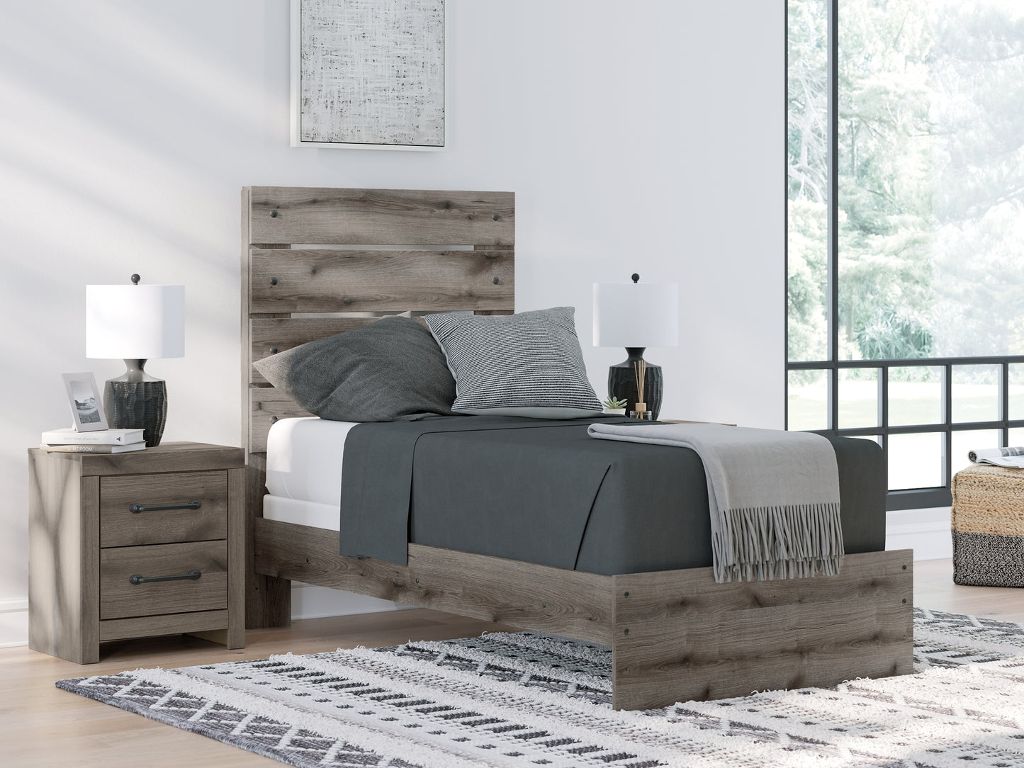 Graystorm Twin Panel Bed, Dresser, Mirror and Nightstand