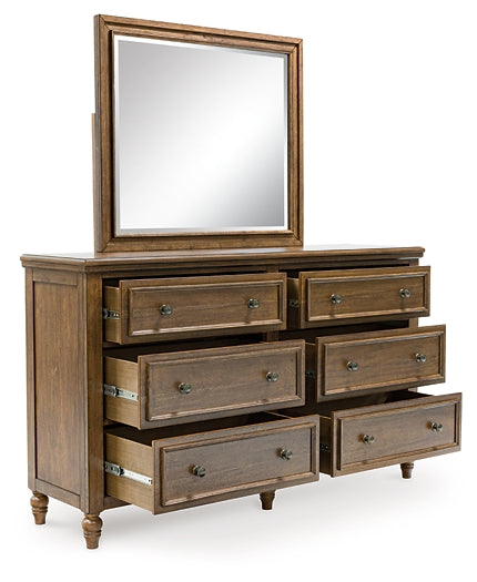 Sturlayne King Upholstered Panel Bed, Dresser, Mirror and Nightstand