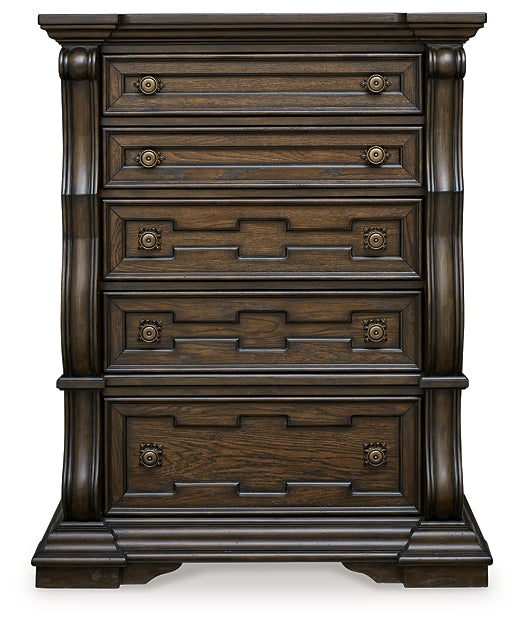 Maylee King Canopy Bed, Dresser, Mirror, Chest and Nightstand