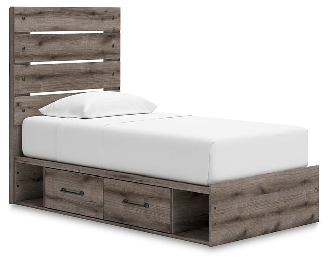 Graystorm Twin Panel Bed with Storage, Dresser and Mirror