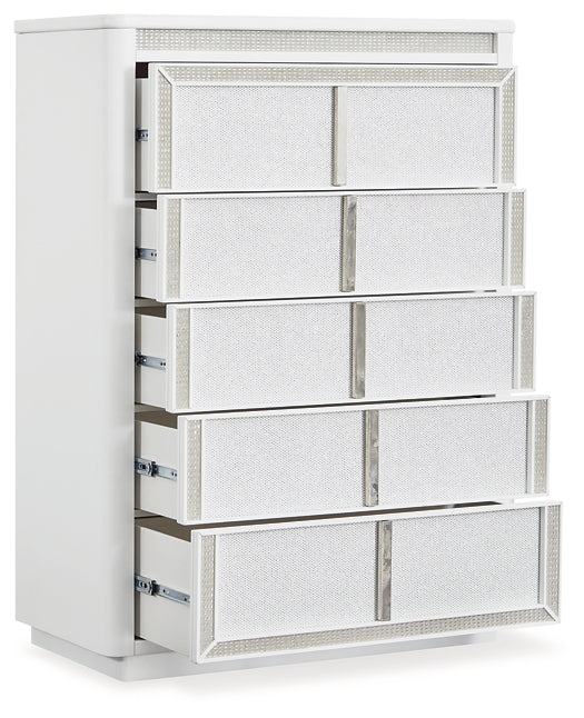 Chalanna King Upholstered Storage Bed, Dresser, Mirror, Chest and Nightstand