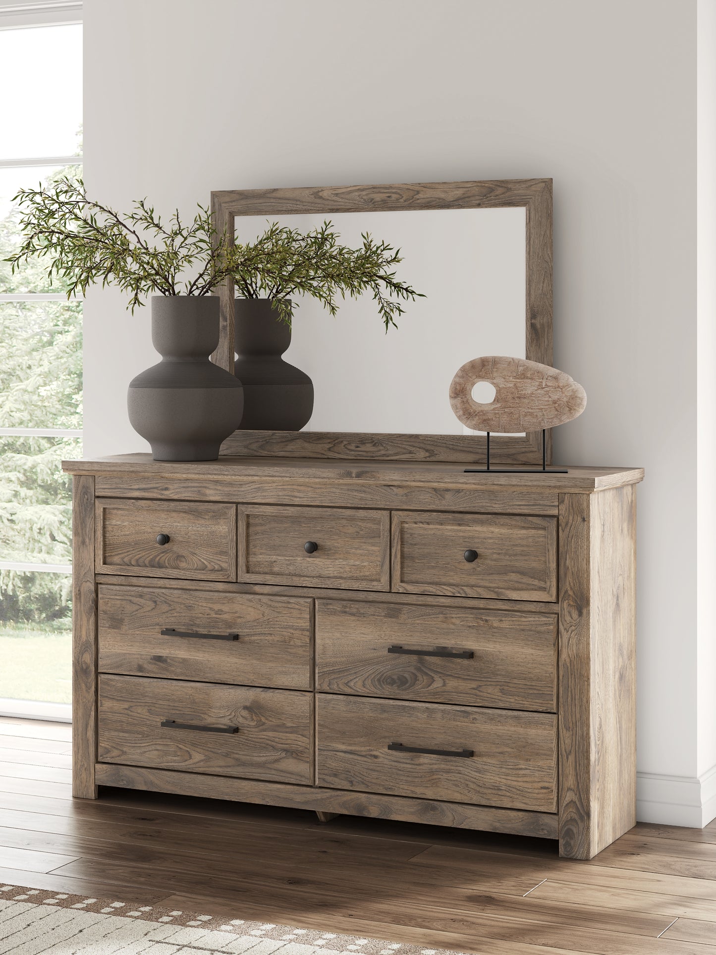 Rusticott Queen Panel Bed with Mirrored Dresser