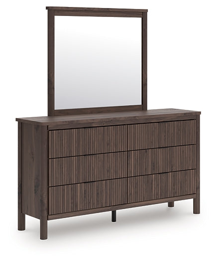 Pamytta Full Upholstered Panel Bed, Dresser, Mirror and Nightstand