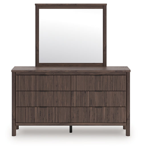 Pamytta Full Upholstered Panel Bed, Dresser, Mirror and Nightstand