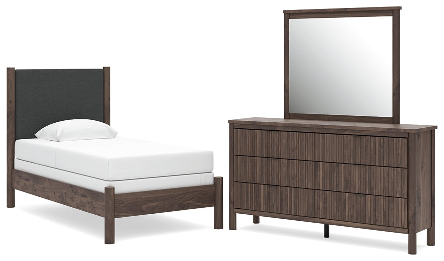 Pamytta Twin Upholstered Panel Bed, Dresser and Mirror