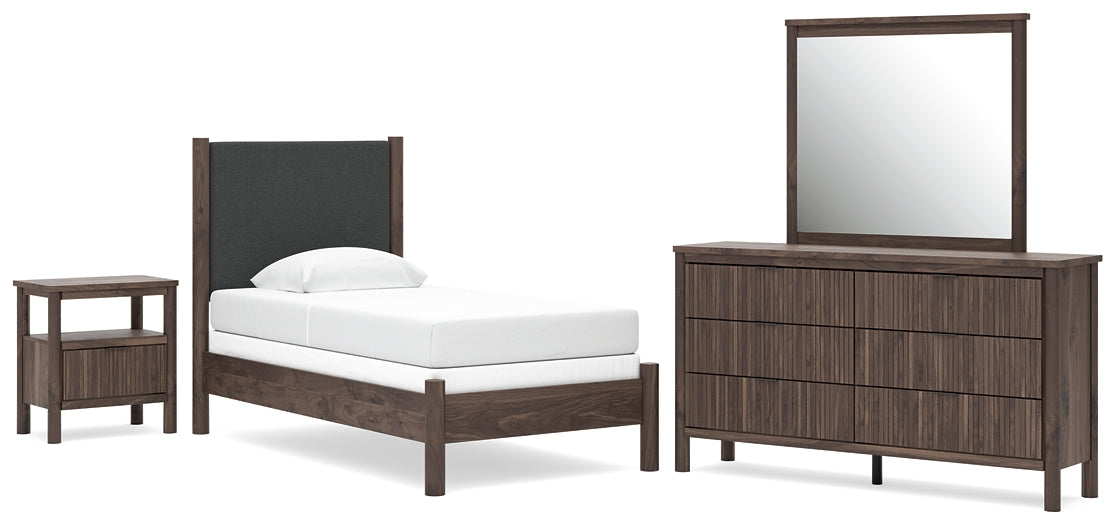 Pamytta Twin Upholstered Panel Bed, Dresser, Mirror and Nightstand