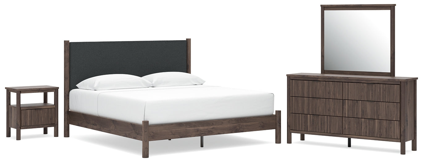 Pamytta King Upholstered Panel Platform Bed, Dresser, Mirror and Nightstand