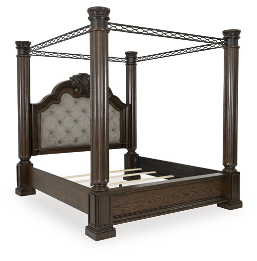 Maylee Queen Canopy Bed, Dresser, Mirror and Nightstand