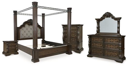 Maylee California King Canopy Bed, Dresser, Mirror, Chest and Nightstand