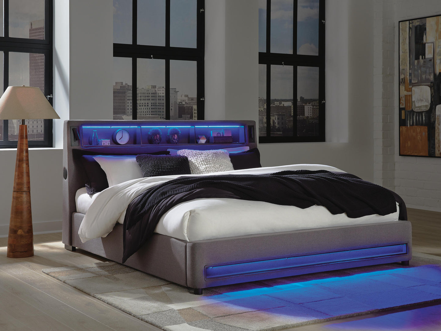 Verishaw California King Upholstered Bed with Wireless Audio