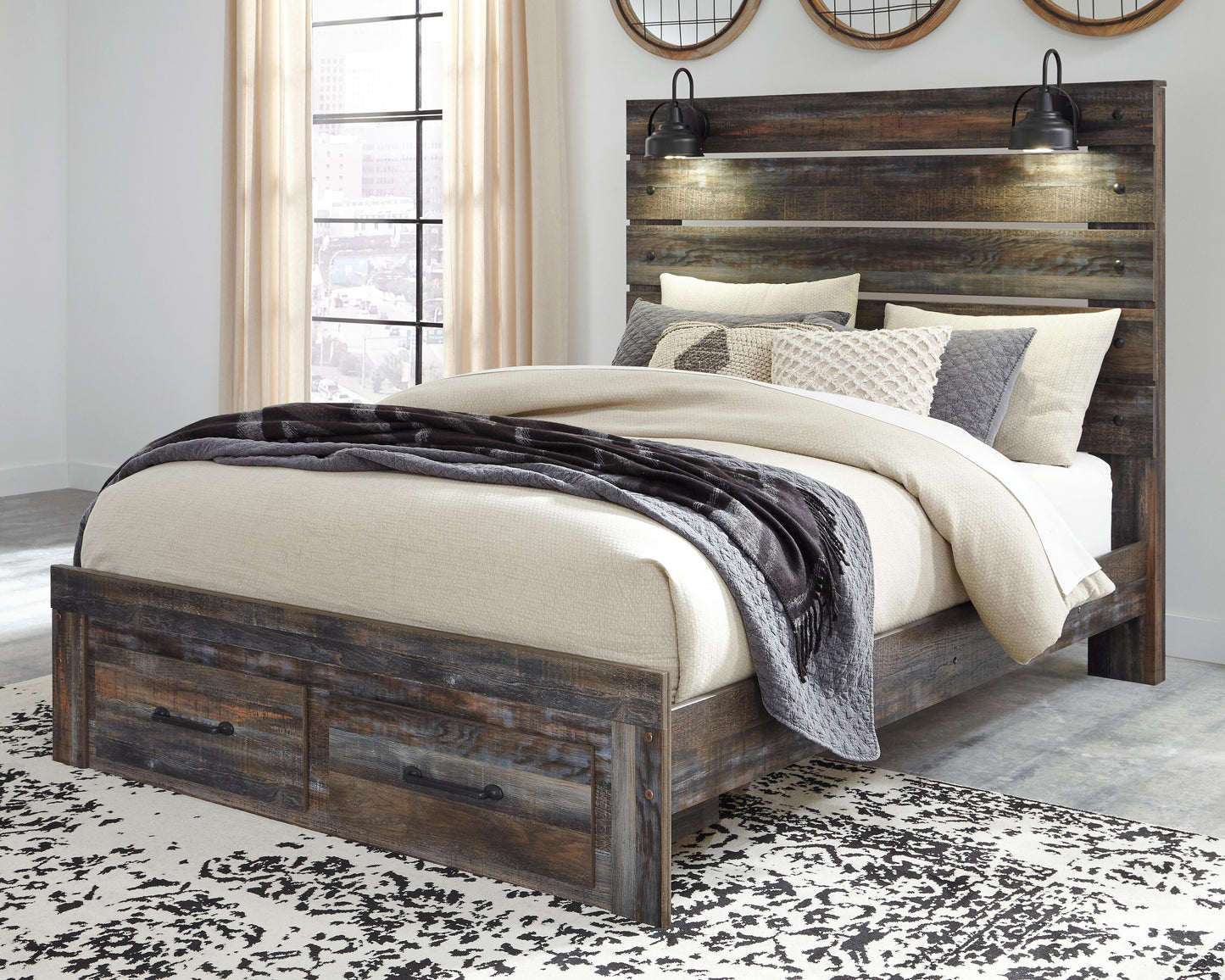 Drystan Queen Panel Bed with 2 Storage Drawers with Mirrored Dresser