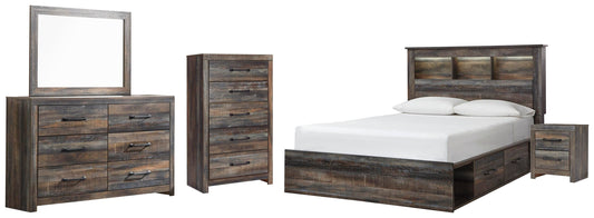 Drystan Queen Bookcase Bed with 2 Storage Drawers, Dresser, Mirror, Chest and Nightstand