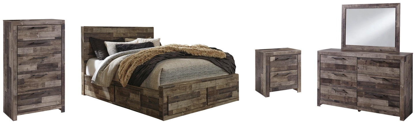 Derekson Queen Panel Bed with 4 Storage Drawers with Mirrored Dresser, Chest and Nightstand