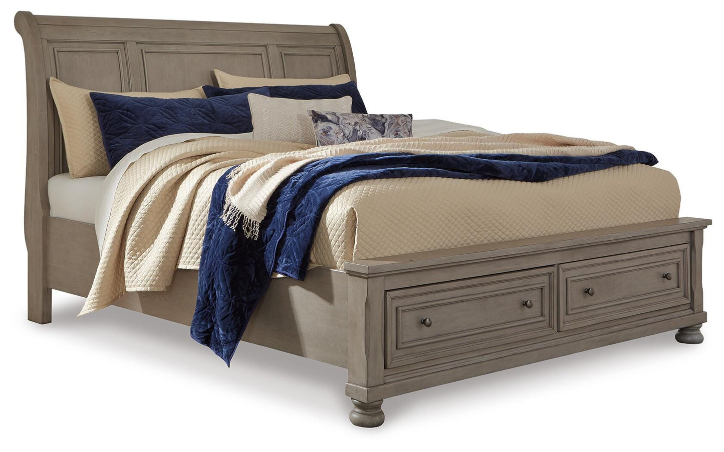 Lettner King Sleigh Bed with 2 Storage Drawers with Mirrored Dresser