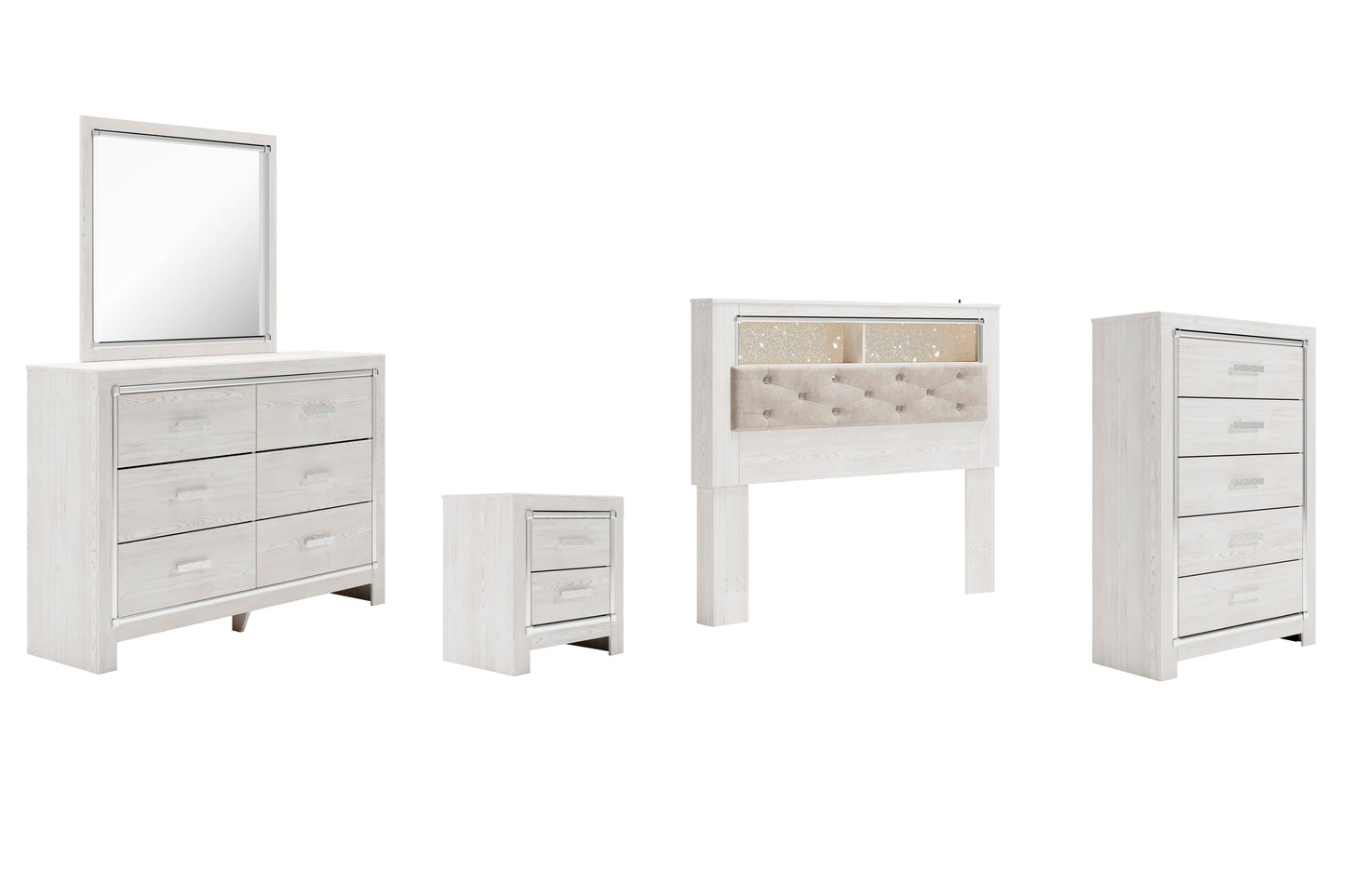 Altyra Queen Bookcase Headboard Bed with Mirrored Dresser, Chest and Nightstand