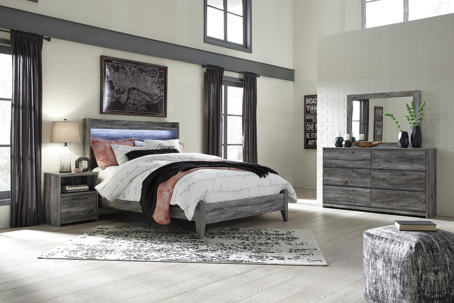 Baystorm Queen Panel Bed with Mirrored Dresser and Nightstand