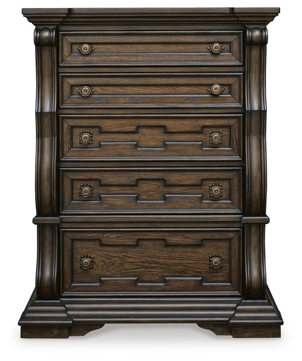Maylee King Upholstered Bed, Dresser, Mirror, Chest and Nightstand