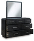 Rowanbeck California King Upholstered Panel Bed, Dresser, Mirror and Nightstand