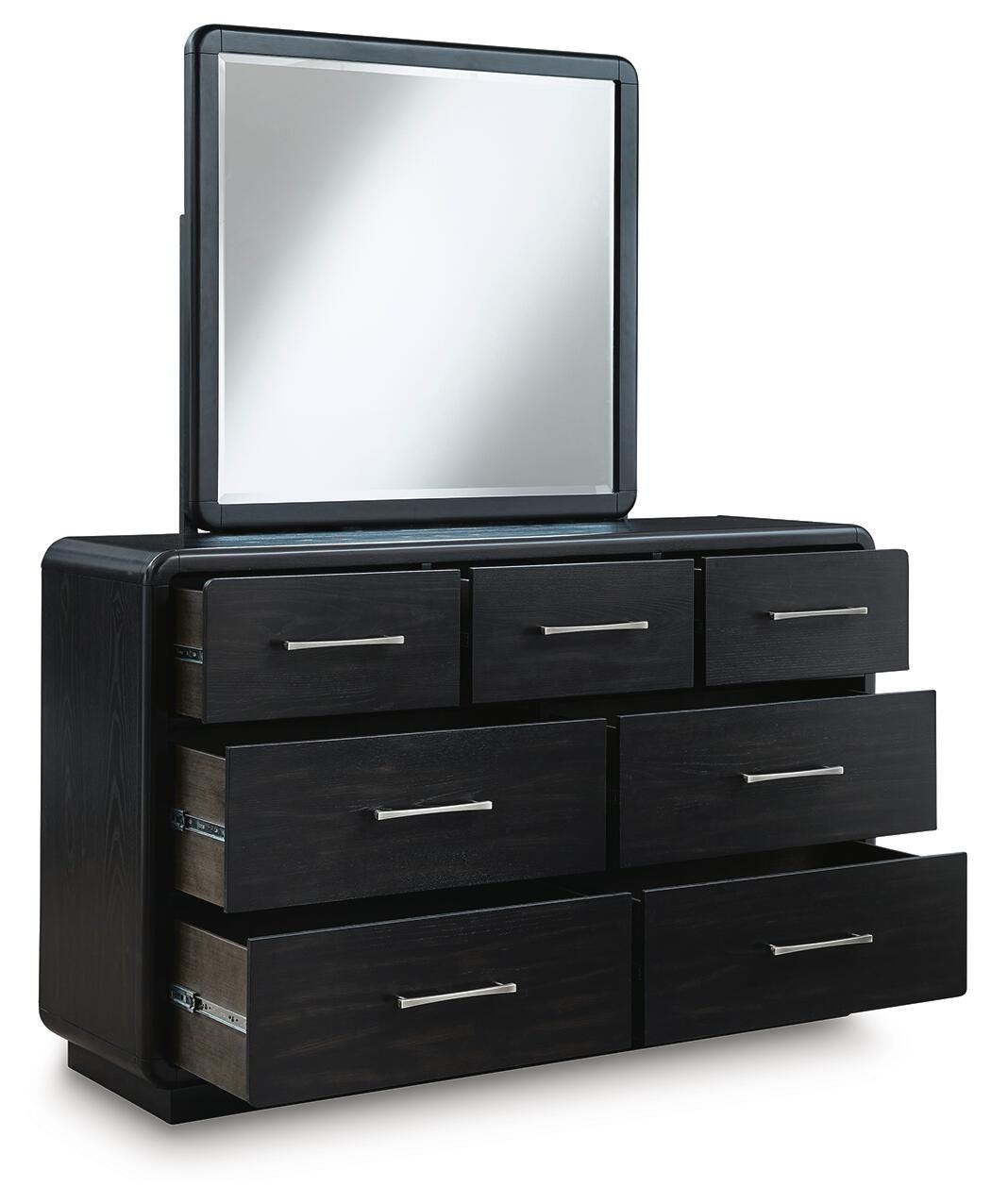 Rowanbeck King Upholstered Panel Bed with Mirrored Dresser