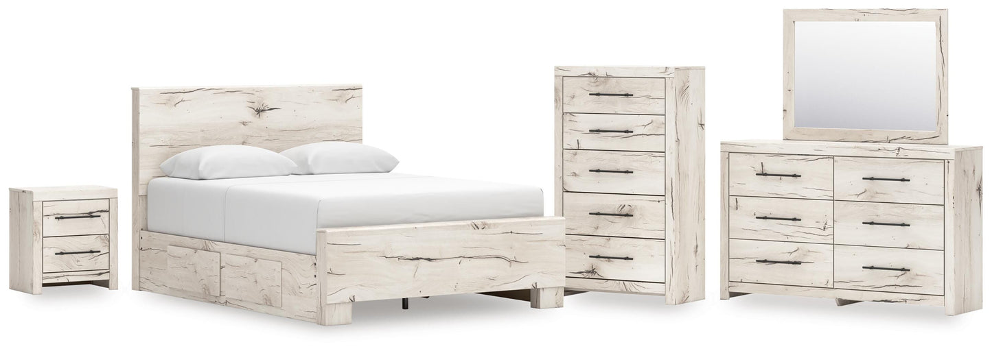 Lawroy Queen Panel Bed with Storage, Dresser, Mirror, Chest and Nightstand