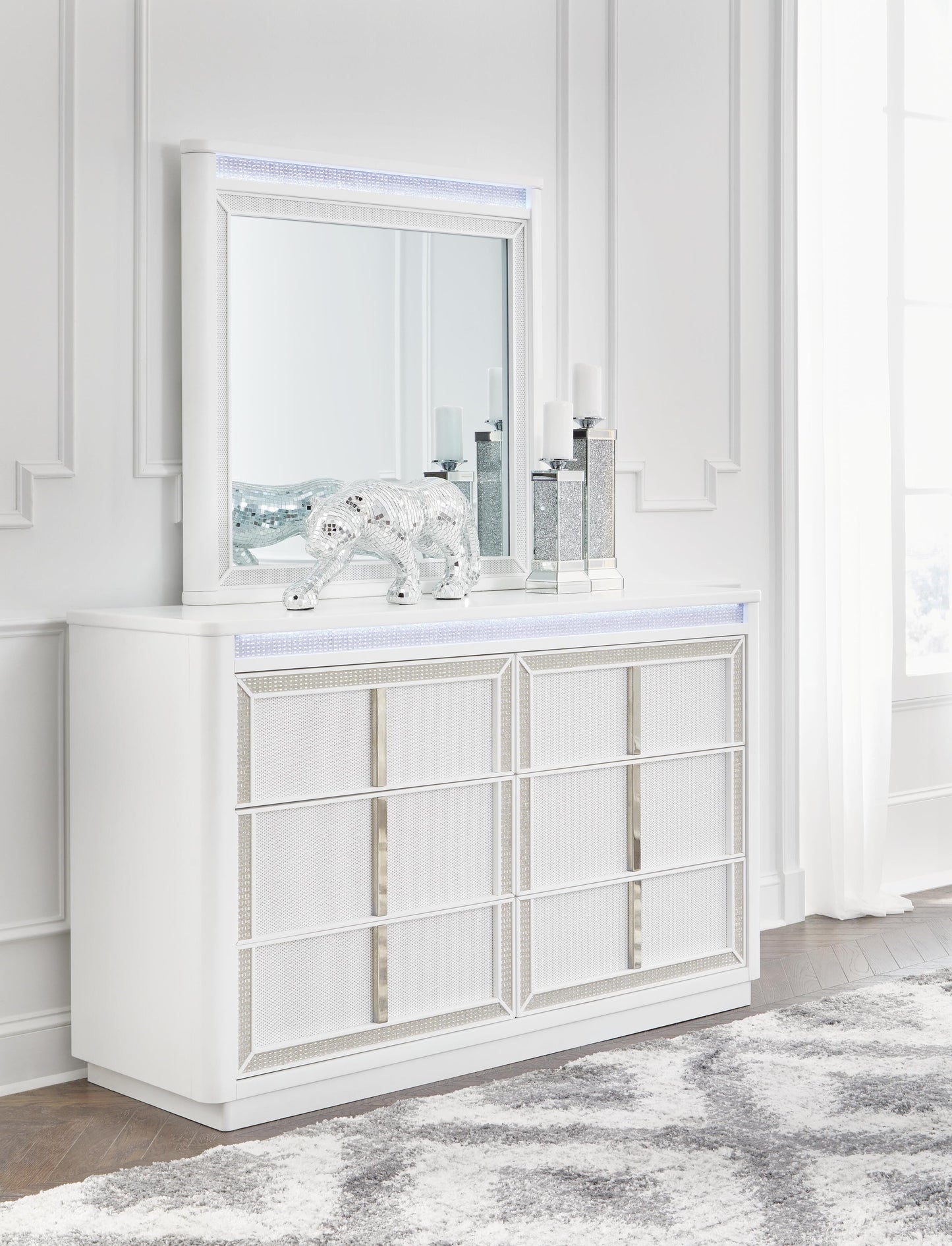 Chalanna California King Upholstered Storage Bed, Dresser, Mirror and Nightstand