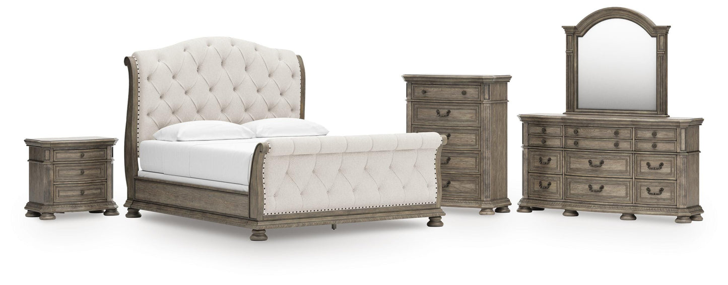 Ardenfield California King Upholstered Sleigh Bed, Dresser, Mirror, Chest and Nightstand