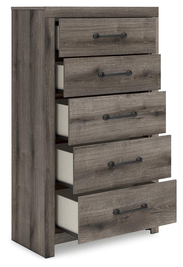 Graystorm King Panel Bed, Dresser, Mirror, Chest and Nightstand