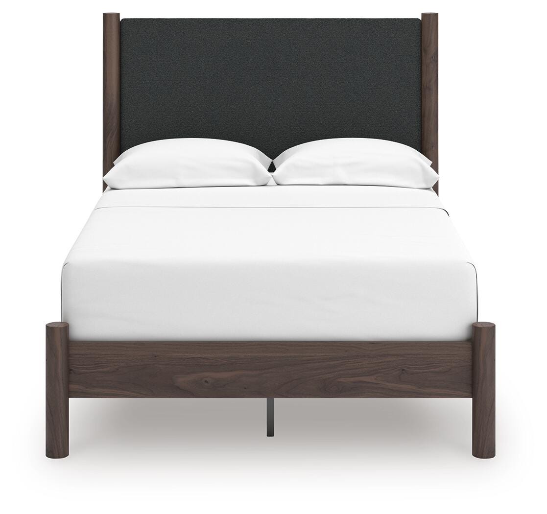 Pamytta Full Upholstered Panel Platform Bed, Dresser and Mirror