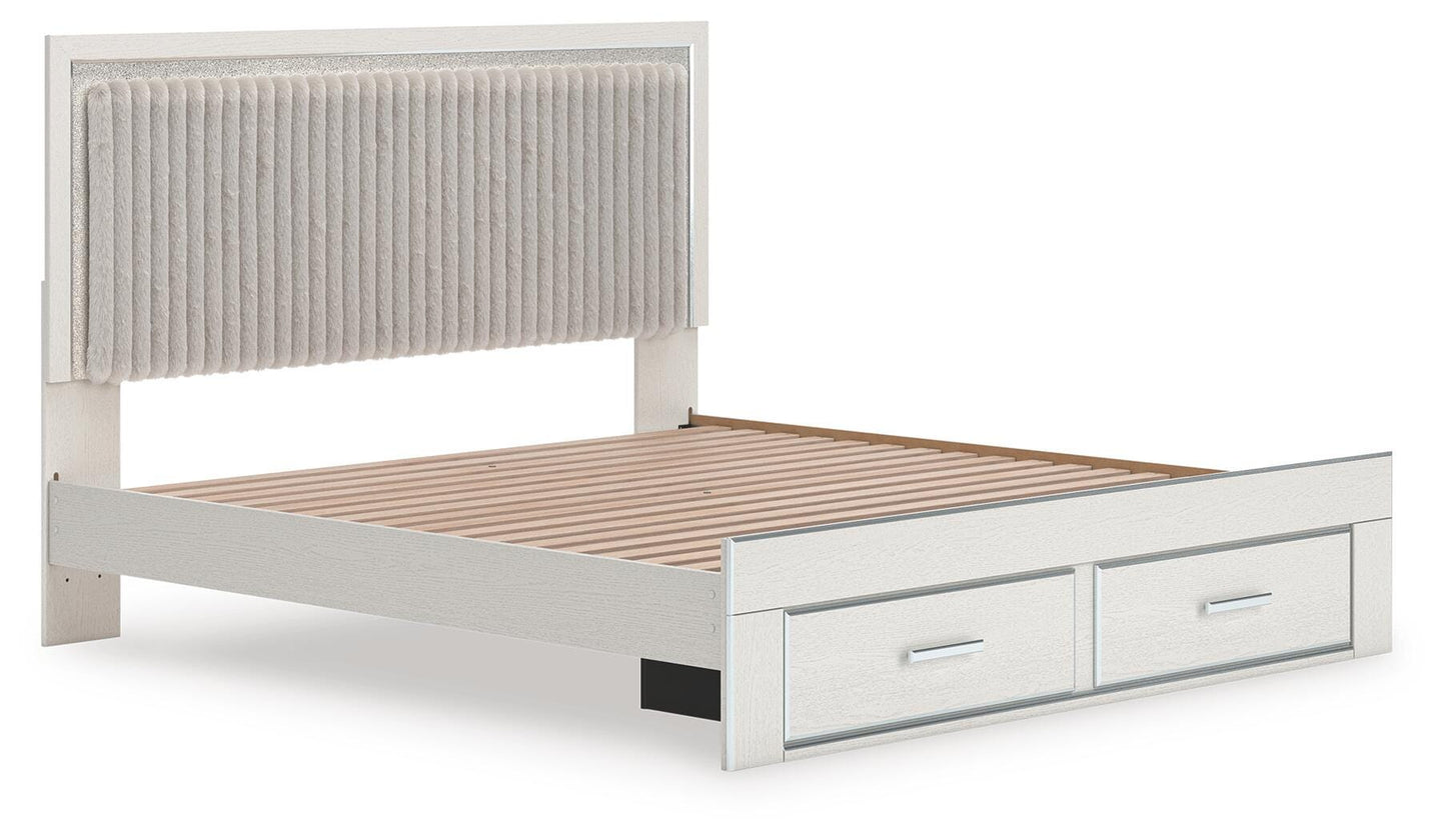 Zuraleus King Upholstered Panel Platform Storage Bed, Dresser and Mirror