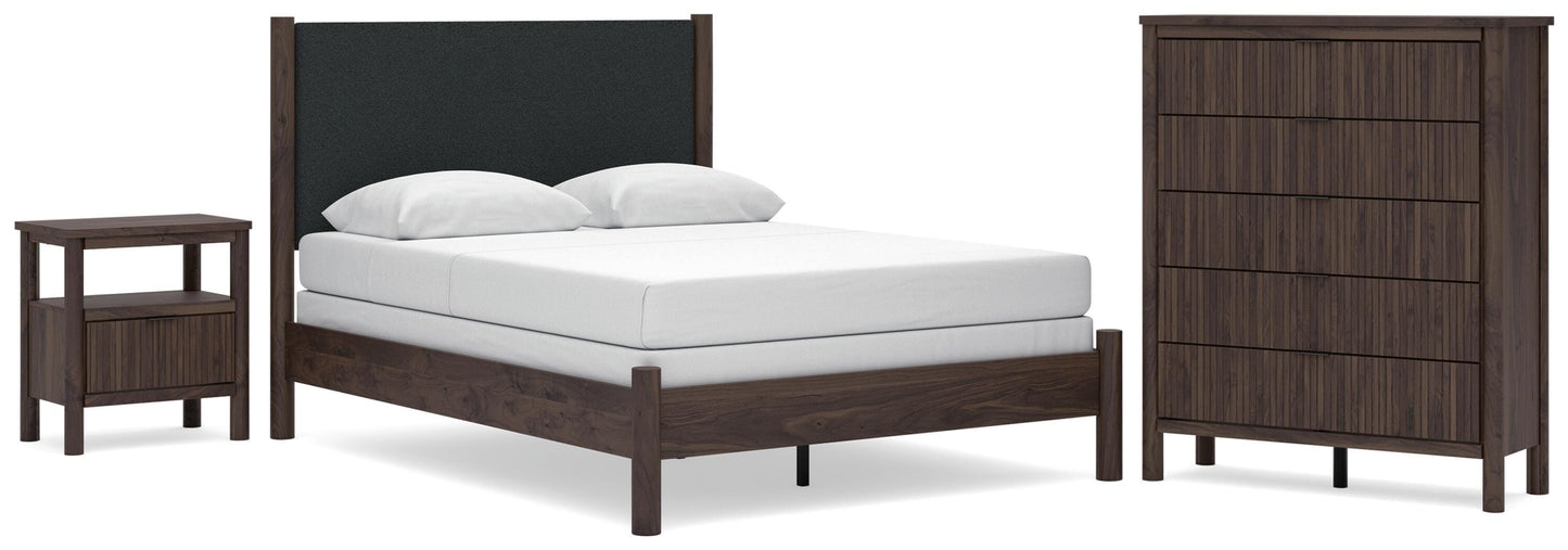 Pamytta Queen Upholstered Panel Bed, Dresser, Mirror and Nightstand