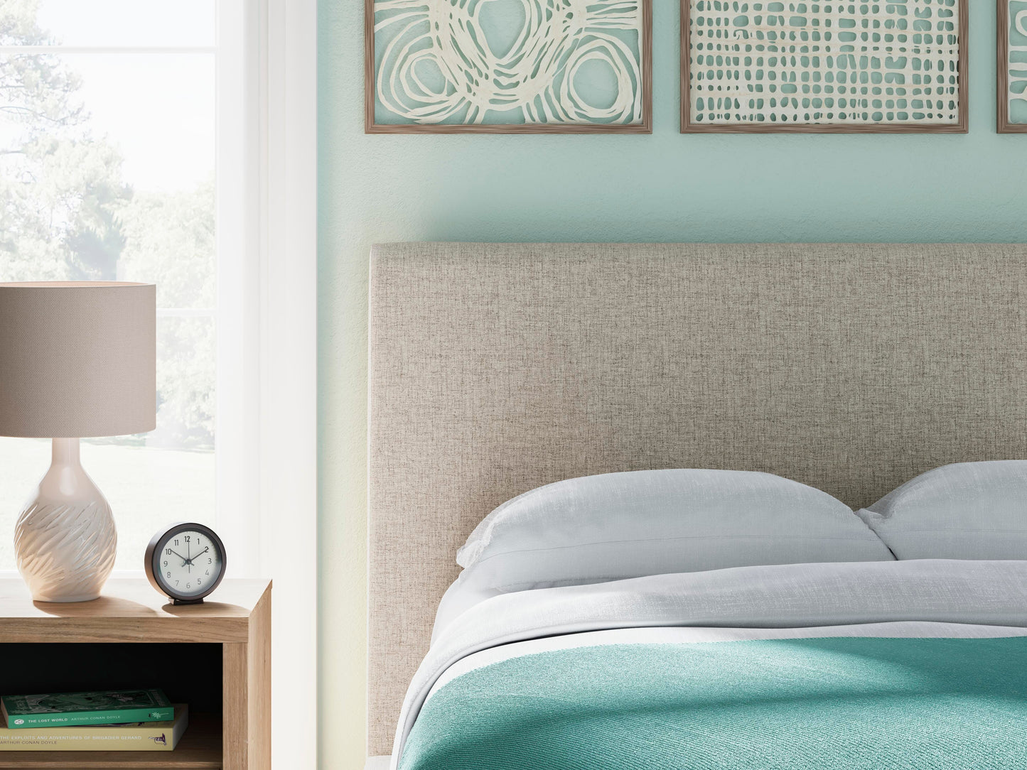 Cielden Full Upholstered Bed with Roll Slats, Dresser, Mirror, Chest and Nightstand