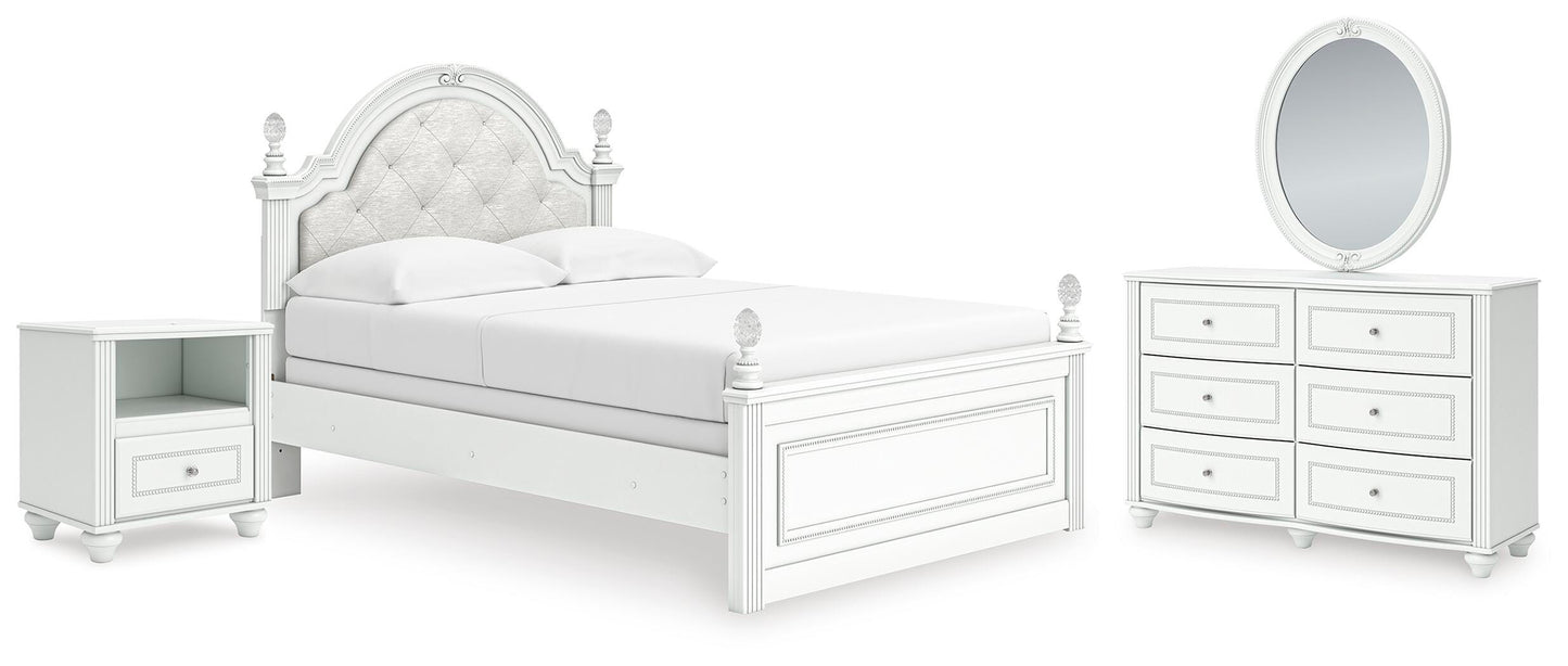 Kozlani Full Upholstered Panel Bed, Dresser, Mirror and Nightstand