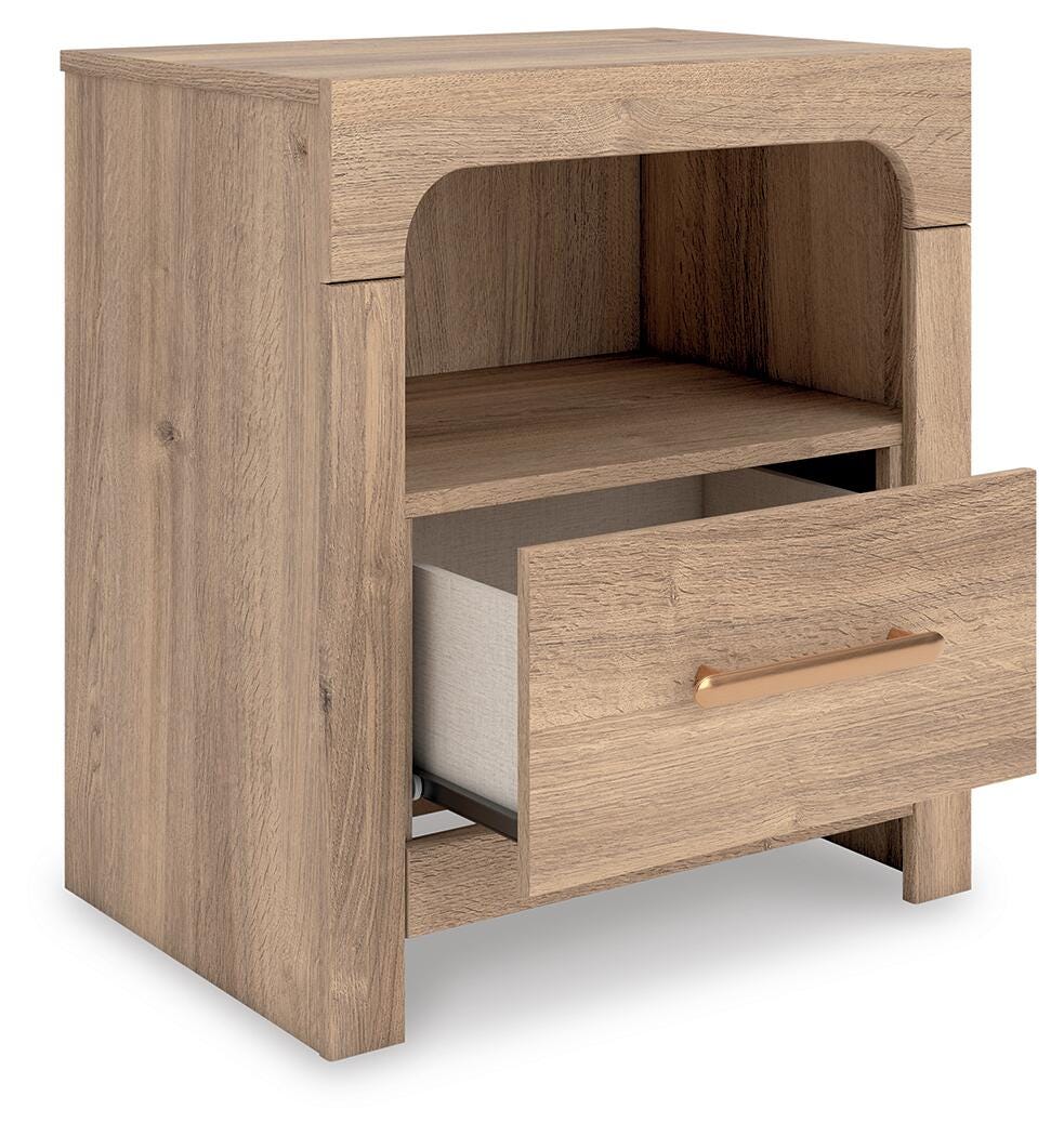 Kinlanni King Upholstered Platform Bed, Dresser, Mirror and Nightstand