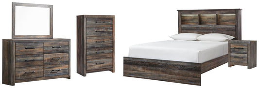 Drystan Queen Bookcase Bed, Dresser, Mirror, Chest and Nightstand