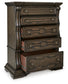 Maylee California King Upholstered Bed, Dresser, Mirror, Chest and Nightstand