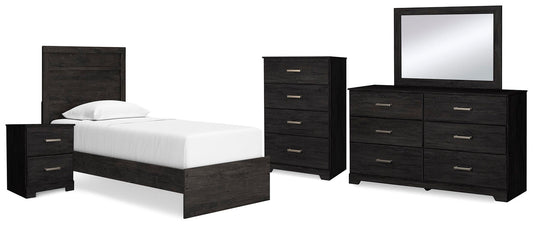 Belachime Twin Panel Bed with Mirrored Dresser, Chest and Nightstand