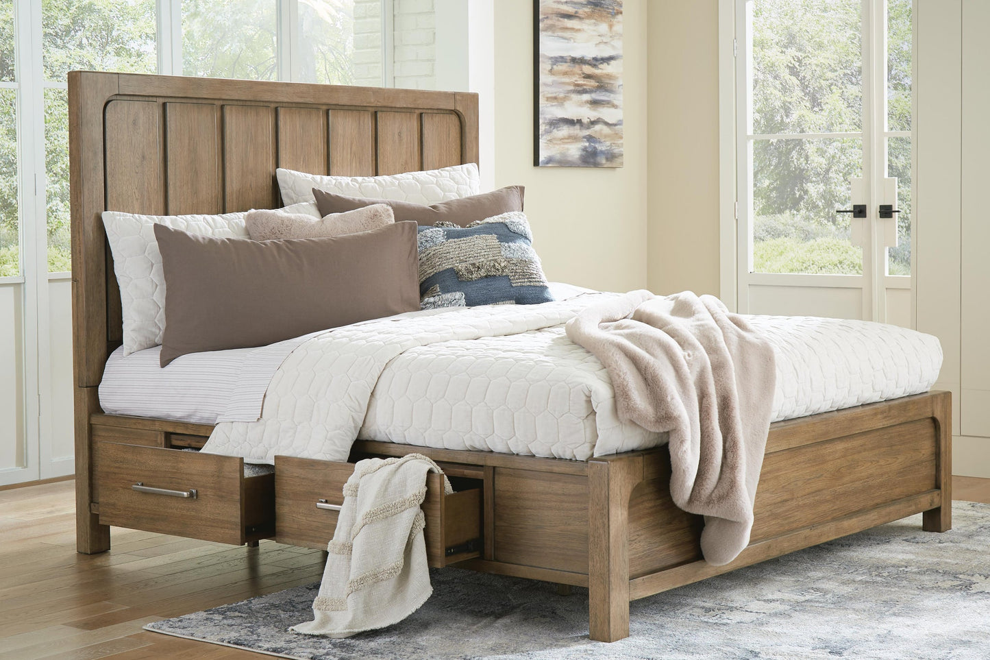 Cabalynn King Panel Bed with Storage with Mirrored Dresser and Nightstand